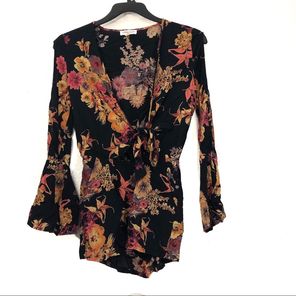 Cotton Candy Floral Tie-Front Long Sleeve Romper